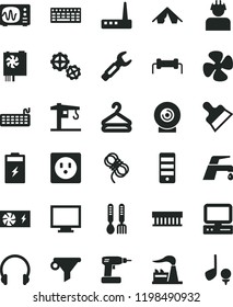 solid black flat icon set monitor vector, iron fork spoons, crane, gears, cordless drill, hawser, putty knife, faucet mixer, headphones, lens, hanger, fan screw, charging battery, factory, socket