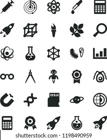 solid black flat icon set round flask vector, horseshoe magnet, rocket, sd card, atom, glasses, zoom, dna, bactery, pipette, calculator, drawing compass, growth graph, radar, earth core, medal
