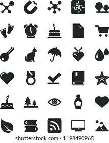 solid black flat icon set heart symbol vector, clean sheet of paper, rss feed, footprints, cake, Puzzles, e, books, key, alarm clock, eye, umbrella, screen, bottle, leaf, trees, forest, drop, pets