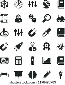solid black flat icon set vector e, research article, test tube, zoom, brain, gears, settings, book, biohazard, pipette, oscilloscope, magnet, scientist, calculator, artifical insimination, radar