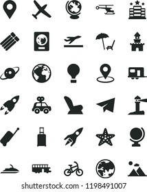 solid black flat icon set sign of the planet vector, paper airplane, car child seat, motor vehicle present, globe, coastal lighthouse, location, geolocation, saturn, rocket, sand castle, helicopter