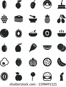 Solid Black Flat Icon Set Deep Plate With A Spoon Vector, Cake, Pizza, Big Burger, Glazed Hole, Bowl Of Rice Porridge, Hot, Grill Chicken Leg, Chupa Chups, Fried Egg, Biscuit, Pancakes, Orange