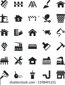 solid black flat icon set house vector, wicker pot, dwelling, hook, building trolley, trowel, concrete mixer, small tools, paint roller, ladder, siphon, ceramic tiles, brick, putty knife, spatula