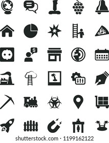 solid black flat icon set bell vector, cargo trolley, pie chart, house, hedge, piece of pizza, large grape, factory, power socket, location, calendar, joystick, settings, biohazard, globe, magnet