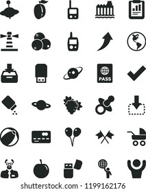 solid black flat icon set check mark vector, dummy, baby powder, carriage, bath ball, toy phone, mobile, yule, colored air balloons, passport, put in a box, planet, move down, branch of grape, tasty