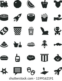 solid black flat icon set image of thought vector, wicker pot, Child T shirt, car seat, tumbler, toy mobile phone, sand set, funny hairdo, children's train, small yule, shoes for little children
