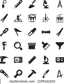 solid black flat icon set graphite pencil vector, yardstick, wind direction indicator, electronic thermometer e, drumroll, drum, trowel, cordless drill, hand saw, arm, construction level, plummet