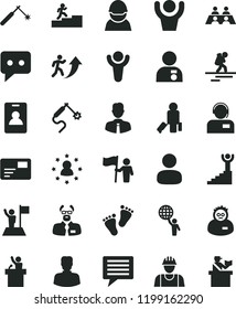 solid black flat icon set image of thought vector, footprints, builder, employee, pass card, operator, racer, welding, gas, woman, man, think, conversation, scientist, winner, arrow up, hold world