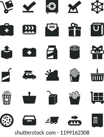 solid black flat icon set cargo trolley vector, grocery basket, bag of a paramedic, medical, e, packing juice with straw, received letter, drawer, strongbox, handles, gift, package, shipment, tin