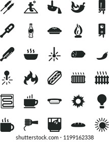 solid black flat icon set electronic thermometer vector e, mercury, heating coil, temperature, boiler, coffee, sausage, loaf, Hot Dog, mini, noodles, pie, porridge, barbecue, chili, cup of tea, sun