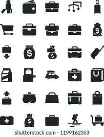 solid black flat icon set briefcase vector, first aid kit, toys over the cot, bag of a paramedic, portfolio, suitcase, case, with handles, package, cart, wallet, purse, money, dollars, hand, rolling