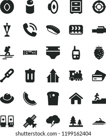 solid black flat icon set hat vector, loudspeaker, bedside table, diaper, powder, electronic thermometer e, toy mobile phone, house, building level, storm cloud, Easter cake, japanese sushi, plum