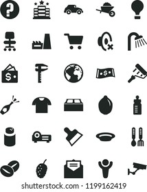 solid black flat icon set sign of the planet vector, silent mode, question, feeding bottle, powder, iron fork spoons, garden trolley, paint roller, shower, building block, putty knife, T shirt, lime
