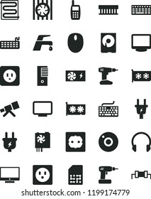 solid black flat icon set camera vector, keyboard, cordless drill, power socket type b, f, heating coil, faucet mixer, headphones, screen, plug, electric, SIM, mobile phone, radiator fan, mouse, hdd