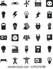 solid black flat icon set lightning vector, matte light bulb, saving, dangers, charge level, charging battery, solar panel, wind energy, power line, pole, plug, electric, socket, industrial building