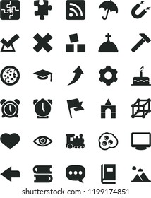 solid black flat icon set heart symbol vector, alarm clock, left direction, cross, rss feed, cubes for children, box of bricks, cake, Puzzle, Puzzles, books, cogwheel, hammer, eye, umbrella, flag