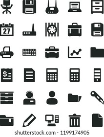 solid black flat icon set laptop vector, daily calendar, bin, calculator, graph, folder bookmark, storage unit, suitcase, stationery knife, case, nightstand, operator, man, pencil, computer, router