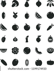 solid black flat icon set porcini vector, cucumber, carrot, orange slice, apple, squash, quince, strawberry, medlar, tasty mulberry, of melon, water, mango, goji berry, date fruit, tangerine, sweet