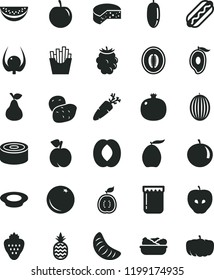 solid black flat icon set cheese vector, canned goods, Hot Dog, lettuce in a plate, of milk, carrot, French fries, jam, strawberry, pineapple, pear, orange, peach, pomegranate, tasty apple, melon