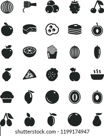 solid black flat icon set cheese vector, piece of pizza, noodles, cake, hot porridge, fried potato slices, omelette, strawberries, apple, pancakes, orange, cherry, peach, quince, red, cornels, melon