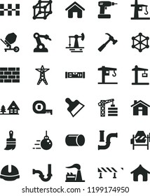 solid black flat icon set house vector, crane, tower, brickwork, big core, concrete mixer, cordless drill, measuring tape, wooden paint brush, sewerage, building level, ceramic tiles, putty knife