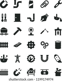solid black flat icon set clip vector, iron fork spoons, concrete mixer, siphon, ntrance door, gear, knife, new radiator, hammer, soda can, water pipes, barrel, power line, horseshoe magnet, welding