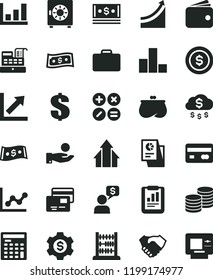 solid black flat icon set dollar vector, bar chart, graph, growth, abacus, strongbox, cards, coins, math actions, reverse side of a bank card, statistical report, catch coin, hand shake, wallet, atm