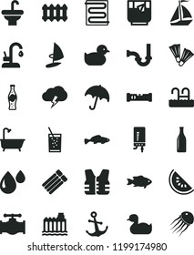 solid black flat icon set rubber duck vector, baby duckling, washbasin, bath, sewerage, construction level, heating coil, new radiator, kitchen faucet, electronic boiler, anchor, umbrella, tea, drop