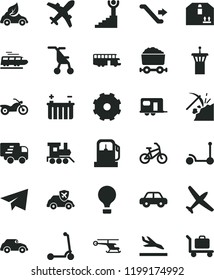 solid black flat icon set truck lorry vector, paper airplane, sitting stroller, motor vehicle, baby toy train, Kick scooter, child, cardboard box, coal mining, gas station, battery, eco car, retro