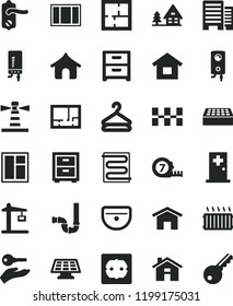 solid black flat icon set house vector, bedside table, dwelling, window, frame, long meashuring tape, sink, siphon, laying out, lay of flat, power socket type f, door knob, buildings, ceramic tiles