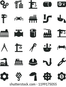 solid black flat icon set crane vector, tower, hook, cogwheel, adjustable wrench, sewerage, construction helmet, valve, water pipes, manufacture, factory, hydroelectric station, hydroelectricity