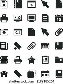 solid black flat icon set monitor window vector, clip, add bookmark, clean sheet of paper, folder, e, books, home, calendar, star, notebook, copy, statistical report, scientific publication, wall