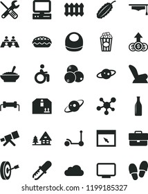 solid black flat icon set briefcase vector, baby bib, car child seat, Kick scooter, small tools, new radiator, cardboard box, apple pie, a bowl of buckwheat porridge, cup popcorn, blueberries, cloud