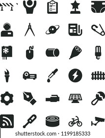 solid black flat icon set rss feed vector, nappy, beanbag, open pin, electronic thermometer e, cogwheel, fence, road, survey, operator, canned goods, grill chicken leg, mercury light bulb, pipe