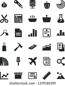 solid black flat icon set scissors vector, yardstick, scribbled paper, graph, color samples, stationery knife, hammer with claw, big data server, hot porridge, popsicle, Bell pepper, garlic, flask