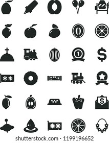 solid black flat icon set baby toy train vector, children's, yule, colored air balloons, concrete mixer, building level, peper, ripe peach, quince, melon, loquat, half, lemon, yellow, juicy, star
