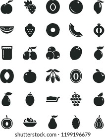 solid black flat icon set cake slice vector, a plate of fruit, jam, strawberry, orange, ripe peach, pomegranate, grape, large, quince, pear, apricot, plum, half medlar, blueberries, mulberry, melon