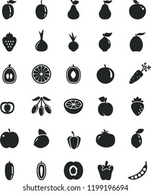 solid black flat icon set tomato vector, peper, beet, strawberry, pear, peach, apple, half apricot, quince, raspberry, loquat, goji berry, delicious plum, date fruit, tangerine, ripe, passion, sweet