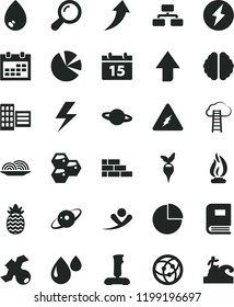 solid black flat icon set lightning vector, calendar, upward direction, pie chart, brick wall, city block, drop, flowchart, planet, onion, honeycombs, pineapple, radish, charts, network, joystick