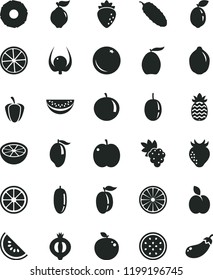 solid black flat icon set cucumber vector, apple, orange, grape, quince, raspberry, strawberry, half of medlar, slice water melon, mango, loquat, date fruit, tangerine, ripe plum, passion, lime