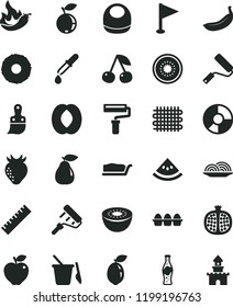 solid black flat icon set paint roller vector, yardstick, pennant, baby bib, children's sand set, new, plastic brush, bundle of eggs, onion, cake slice, bottle soda, cherry, half pomegranate, pear