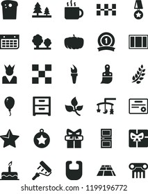 solid black flat icon set toys over the cradle vector, bib, balloon, cake, window frame, paint roller, plastic brush, interroom door, tile, ceramic tiles, paving slab, star, nightstand, Easter, gift