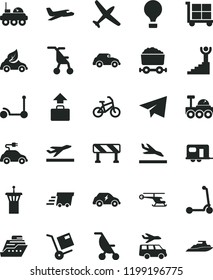 solid black flat icon set cargo trolley vector, paper airplane, summer stroller, sitting, Kick scooter, child, traffic signal, shipment, eco car, electric, transport, retro, with coal, urgent, plane