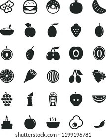 solid black flat icon set big burger vector, birthday cake, glazed with a hole, bowl of rice porridge, hot, grill chicken leg, popcorn, cup, fried egg, strawberry, peach, half apricot, pomegranate