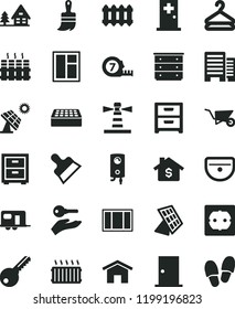solid black flat icon set bedside table vector, chest of drawers, building trolley, window, frame, long meashuring tape, wooden paint brush, sink, power socket type f, key, ntrance door, buildings