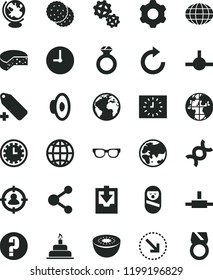 solid black flat icon set sign of the planet vector, clock face, clockwise, loudspeaker, add label, download archive data, question, roly poly doll, birthday cake, cogwheel, wall, earth, cheese, dna