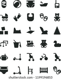 solid black flat icon set baby cot vector, toys over the, mug for feeding, diaper, nappy, bib, car child seat, carriage, summer stroller, sitting, rubber duck, bath ball, children's bathroom, phone