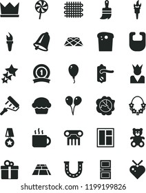 solid black flat icon set bib vector, teddy bear, colored air balloons, balloon, window, paint roller, wooden brush, door knob, interroom, paving slab, pavement, bell, gift, Easter cake, lollipop
