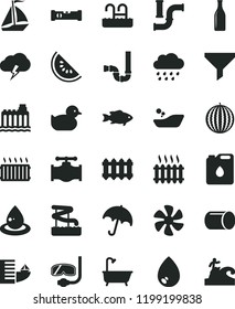 solid black flat icon set baby duckling vector, children's bathroom, rainy cloud, bath, siphon, construction level, new radiator, drop, umbrella, storm, fish, water melon, slice of, marine propeller