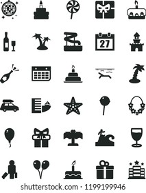 solid black flat icon set daily calendar vector, colored air balloons, balloon, cake, birthday, gift, torte, Chupa Chups, lollipop, glass, wall, giftbox, sand castle, wine, champagne, car baggage
